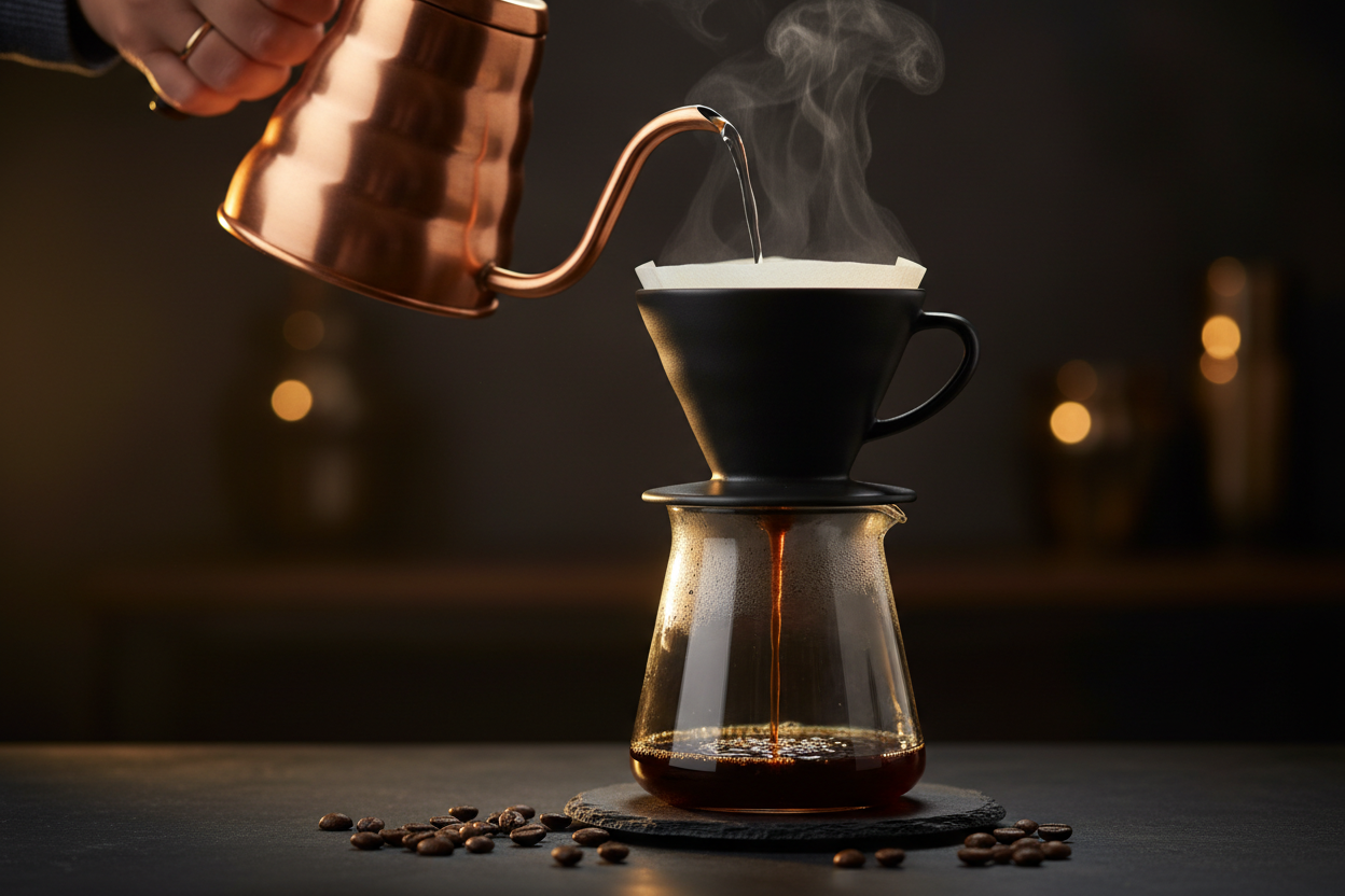 Versement d'eau chaude avec une bouilloire en cuivre sur un dripper noir pour préparer un café filtre Elixka.