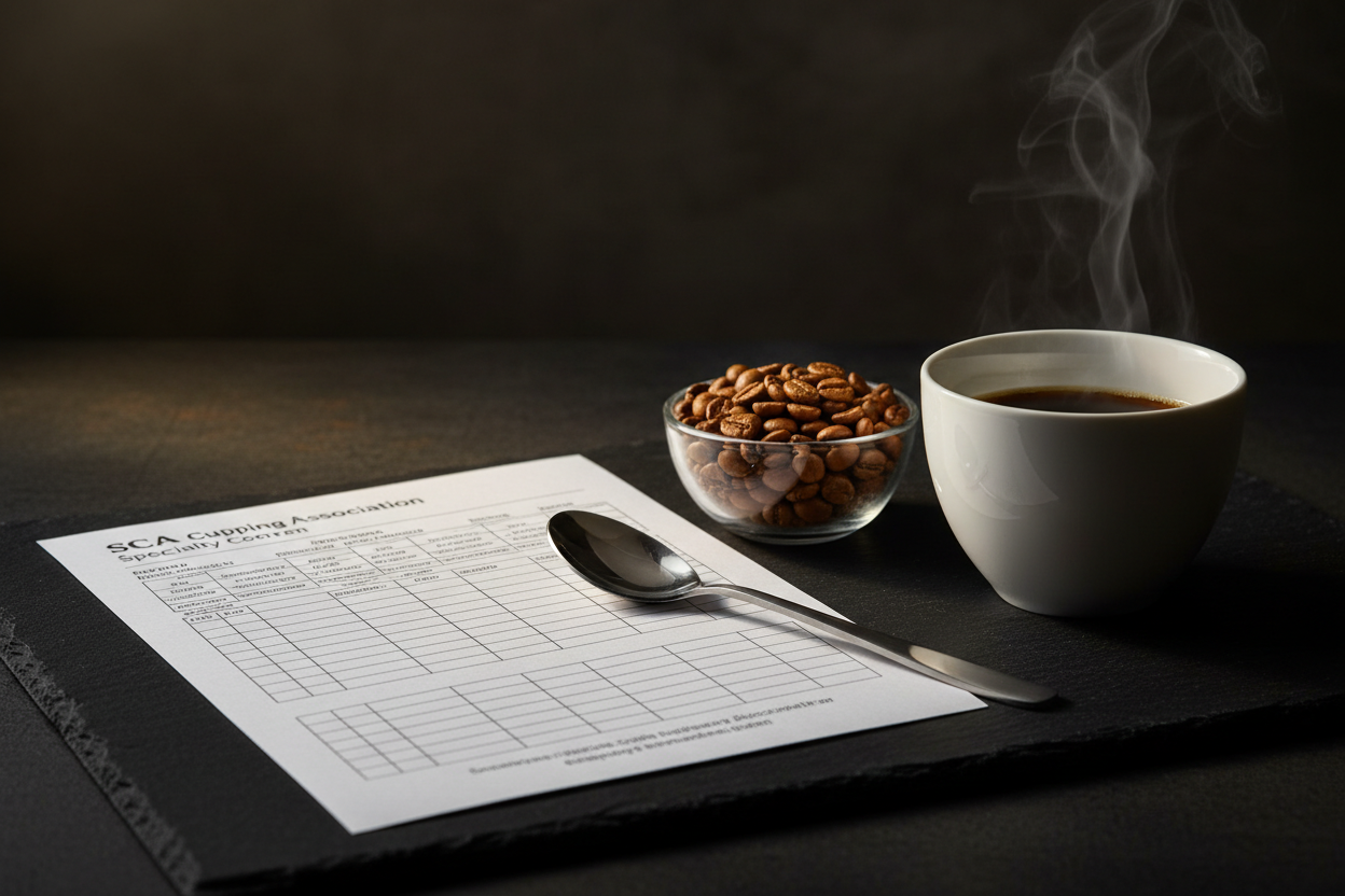 Fiche de dégustation officielle de la SCA avec cuillère de cupping, bol de grains de café et tasse fumante sur table sombre