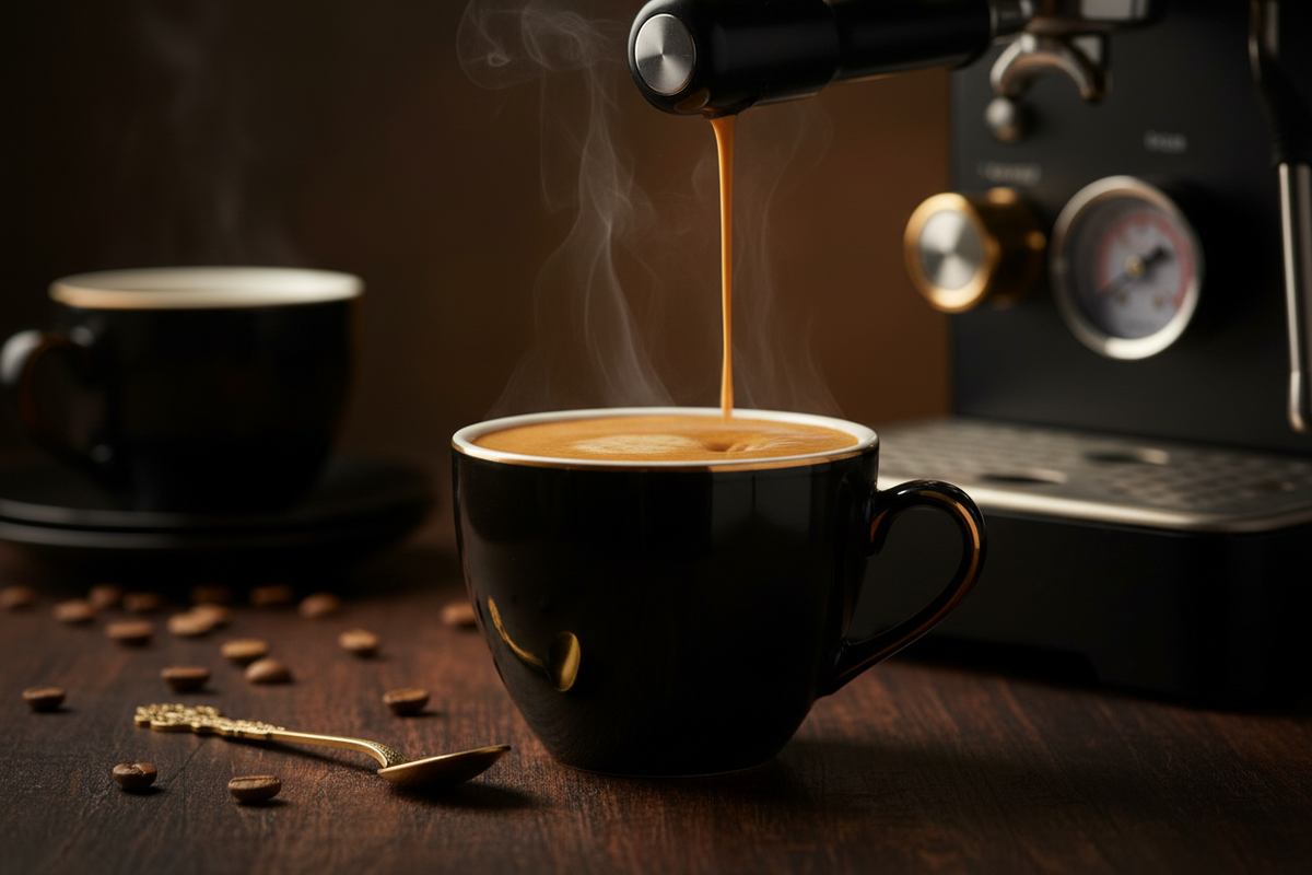 Extraction d'un espresso chaud avec une belle crème dorée coulant d'une machine à café dans une tasse noire Elixka.