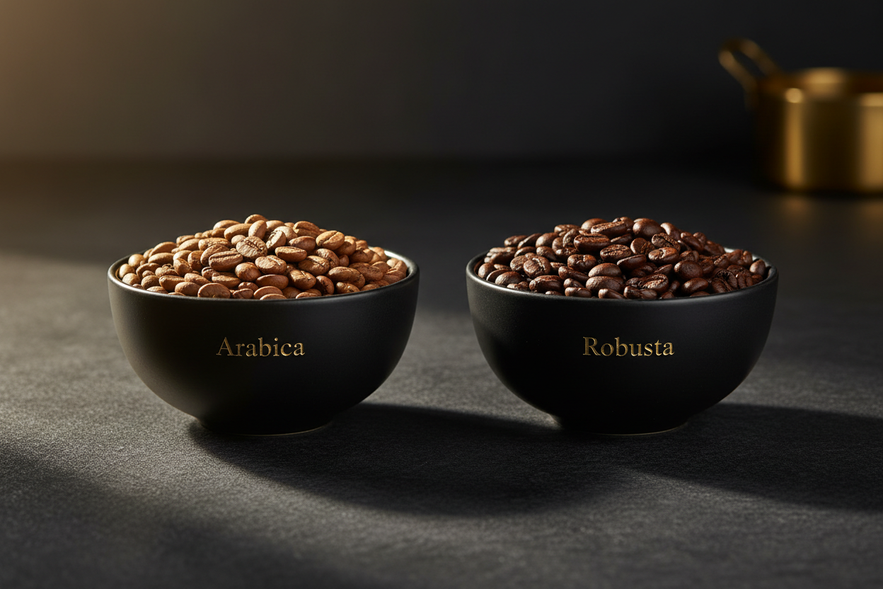Deux bols noirs contenant des grains de café torréfiés avec les inscriptions dorées Arabica et Robusta sur fond sombre